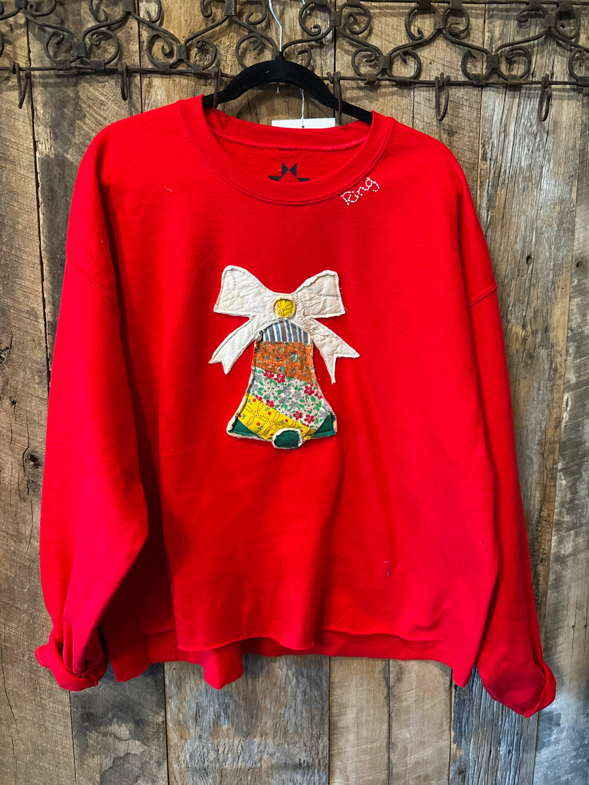 Oversized Silver Bell Embroidered Sweatshirt (Red)